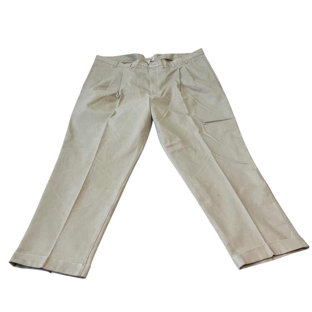 Roundtree & Yorke Mens Pants 50x32 Tan 100% Cotton Pleated Cuffed Chino